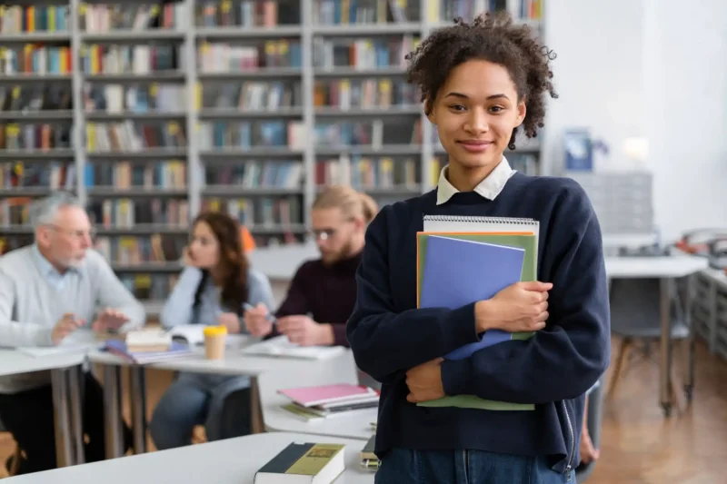 Jovem estudante sorridente segurando cadernos e livros na biblioteca, em ambiente de aprendizado com outros profissionais ao fundo.