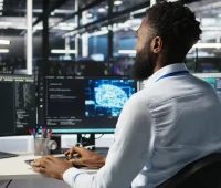 Profissional trabalhando em infraestrutura de tecnologia com múltiplos monitores que exibem códigos e gráficos em ambiente de alta tecnologia.