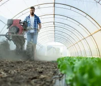 Homem cultivando hortaliças em estufa agrícola com tecnologia moderna, utilizando máquina de cultivo para melhorar a produção de alimentos em ambiente protegido