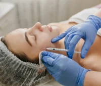 Paciente recebendo aplicação de botox facial por um profissional de saúde usando luvas médicas em ambiente clínico