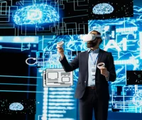 Profissional usando óculos de realidade virtual em ambiente de tecnologia avançada, com elementos de inteligência artificial, redes digitais e nuvens de dados em fundo.