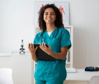 Profissional de saúde sorridente em ambiente hospitalar, representando a importância da gestão hospitalar eficiente para o funcionamento de unidades de saúde.