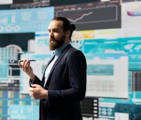 Homem de terno apresentando conceitos de governança de dados em uma sala com várias telas exibindo gráficos e informações analíticas.