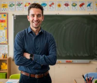 Profissional de educação em sala de aula moderna com destaque para recursos de neuroeducação, ideal para educadores que buscam inovação no ensino.