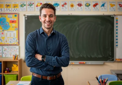 Profissional de educação em sala de aula moderna com destaque para recursos de neuroeducação, ideal para educadores que buscam inovação no ensino.