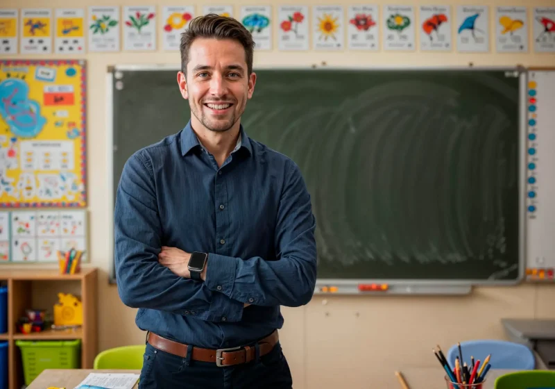 Profissional de educação em sala de aula moderna com destaque para recursos de neuroeducação, ideal para educadores que buscam inovação no ensino.