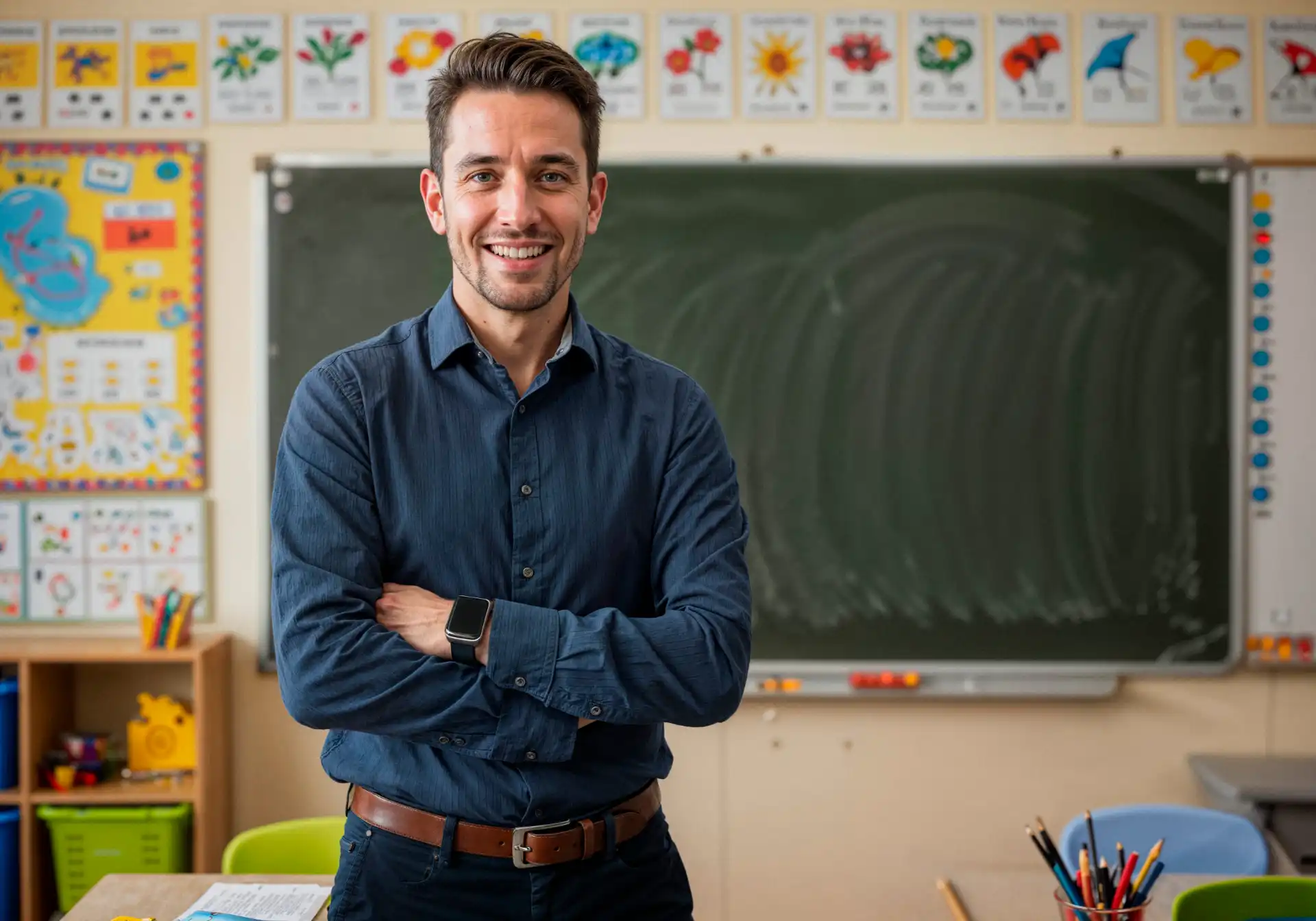 Profissional de educação em sala de aula moderna com destaque para recursos de neuroeducação, ideal para educadores que buscam inovação no ensino.
