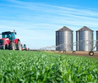 Vista de uma fazenda agrícola com trator, silos de armazenamento de grãos e sistemas de irrigação, destacando a importância da agronomia e do agronegócio no desenvolvimento rural.