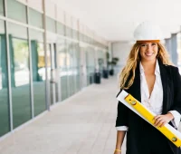 Engenheira civil sorrindo com capacete e prancheta em projeto de construção, representando o futuro da engenharia civil e inovação na área.