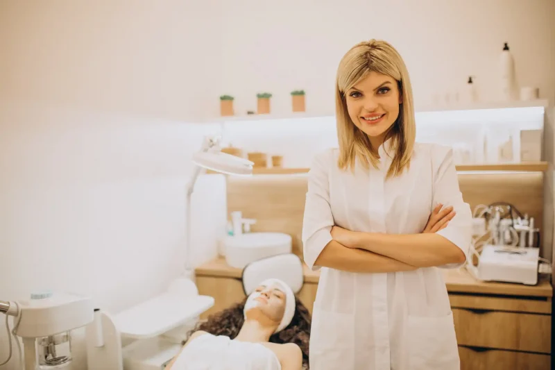 Esteticista sorridente com braços cruzados em clínica de estética, atendendo uma cliente relaxada na cadeira de tratamento facial, ambiente clean e bem iluminado
