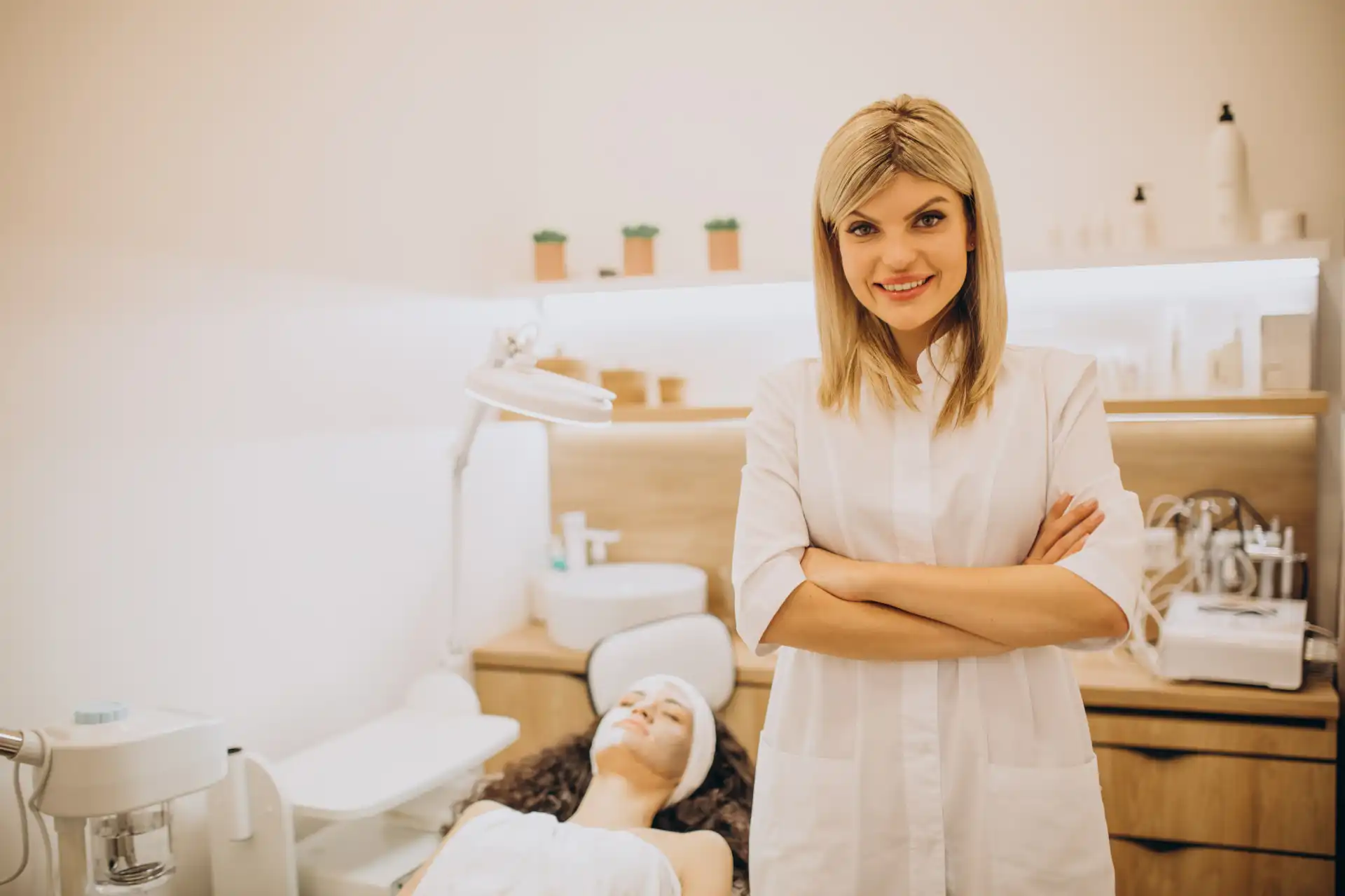 Esteticista sorridente com braços cruzados em clínica de estética, atendendo uma cliente relaxada na cadeira de tratamento facial, ambiente clean e bem iluminado
