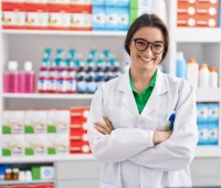Gestora de farmácia sorridente dentro de uma farmácia bem organizada, representando um profissional de gestão de farmácia eficiente e confiável.