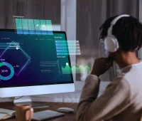 Pessoa assistindo a análises gráficas de inteligência artificial e machine learning em um computador com gráficos de dados e tendências.