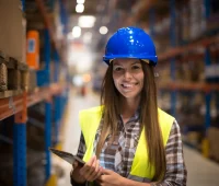 Mulher profissional de logística em armazém, usando capacete azul e colete amarelo, simbolizando conhecimento em pós-graduação em logística.