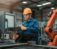 Engenheiro em uma fábrica de automação industrial operando equipamento com robô industrial ao fundo.