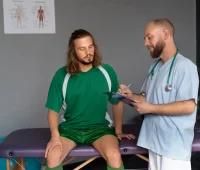 Médico de medicina do esporte realiza avaliação clínica de atleta em sala de atendimento, fazendo anotações em prancheta ao lado de um paciente sentado em maca, ilustrando carreira médica além do consultório.