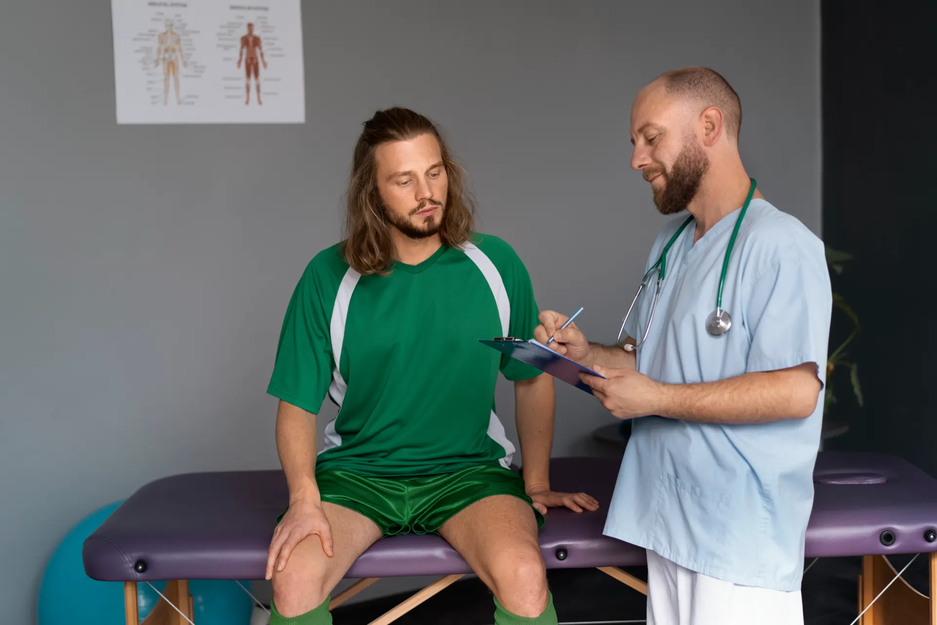 Médico de medicina do esporte realiza avaliação clínica de atleta em sala de atendimento, fazendo anotações em prancheta ao lado de um paciente sentado em maca, ilustrando carreira médica além do consultório.