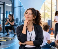 educacao fisica bacharelado ou licenciatura: Profissional de educação física em academia, com alunos ao fundo fazendo exercícios em sala de treino. Foco em orientação e bem-estar no exercício.