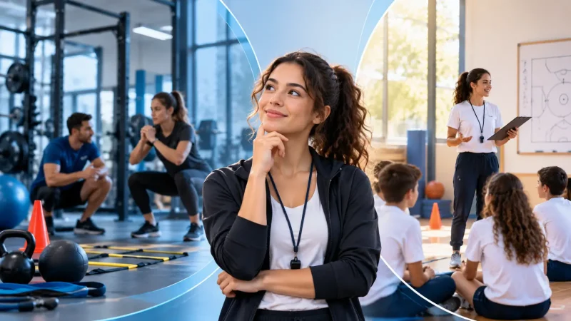 educacao fisica bacharelado ou licenciatura: Profissional de educação física em academia, com alunos ao fundo fazendo exercícios em sala de treino. Foco em orientação e bem-estar no exercício.