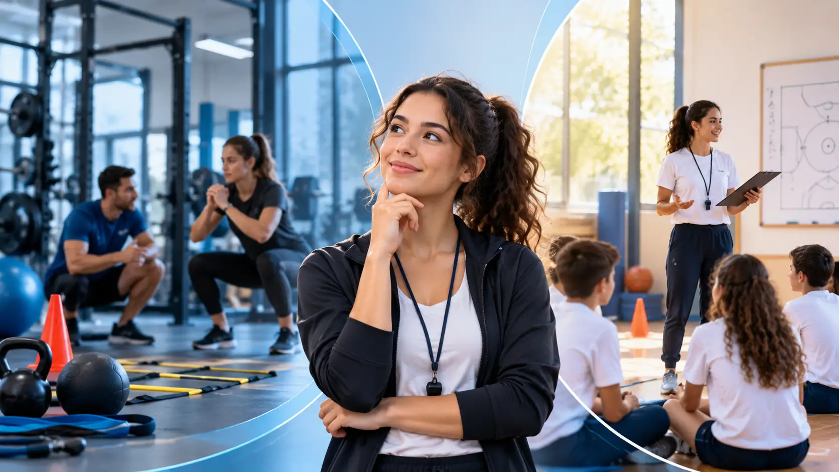 educacao fisica bacharelado ou licenciatura: Profissional de educação física em academia, com alunos ao fundo fazendo exercícios em sala de treino. Foco em orientação e bem-estar no exercício.