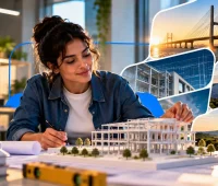 Engenheira trabalhando em maquete de edifício em escritório de engenharia, com elementos visuais de tipos de engenharia como ponte e energia renovável ao fundo.