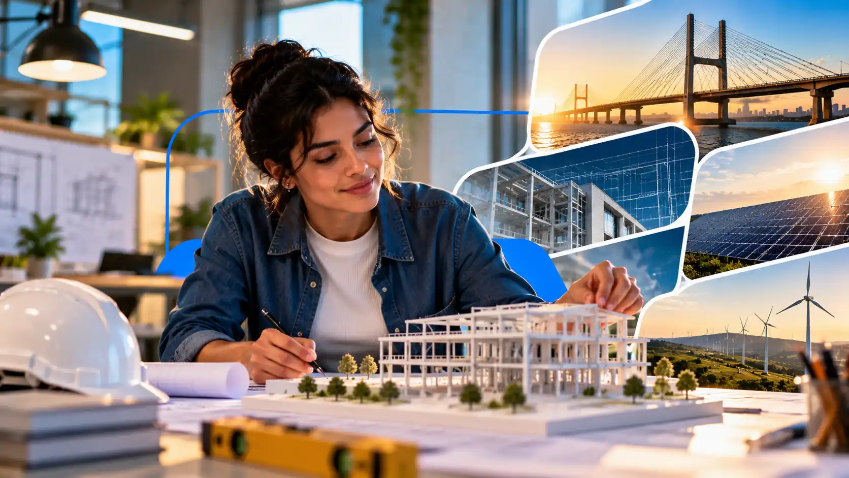 Engenheira trabalhando em maquete de edifício em escritório de engenharia, com elementos visuais de tipos de engenharia como ponte e energia renovável ao fundo.