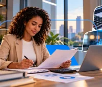 Gestão Financeira: mulher analisando documentos e fazendo anotações no escritório, com calculadora, gráficos e moedas ao lado em ambiente corporativo com janela para a cidade ao fundo.