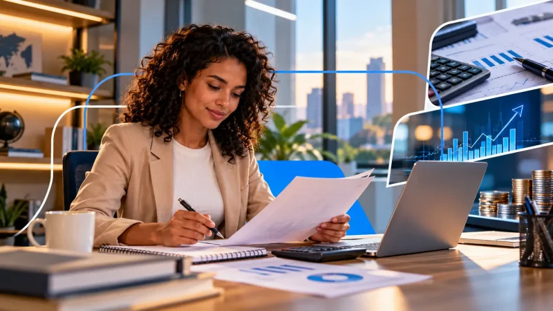 Gestão Financeira: mulher analisando documentos e fazendo anotações no escritório, com calculadora, gráficos e moedas ao lado em ambiente corporativo com janela para a cidade ao fundo.