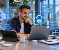 Pessoa em escritório moderno usando notebooks enquanto visualizações de inteligência artificial no dia a dia aparecem em telas holográficas, com ícones de dados e assistente virtual.