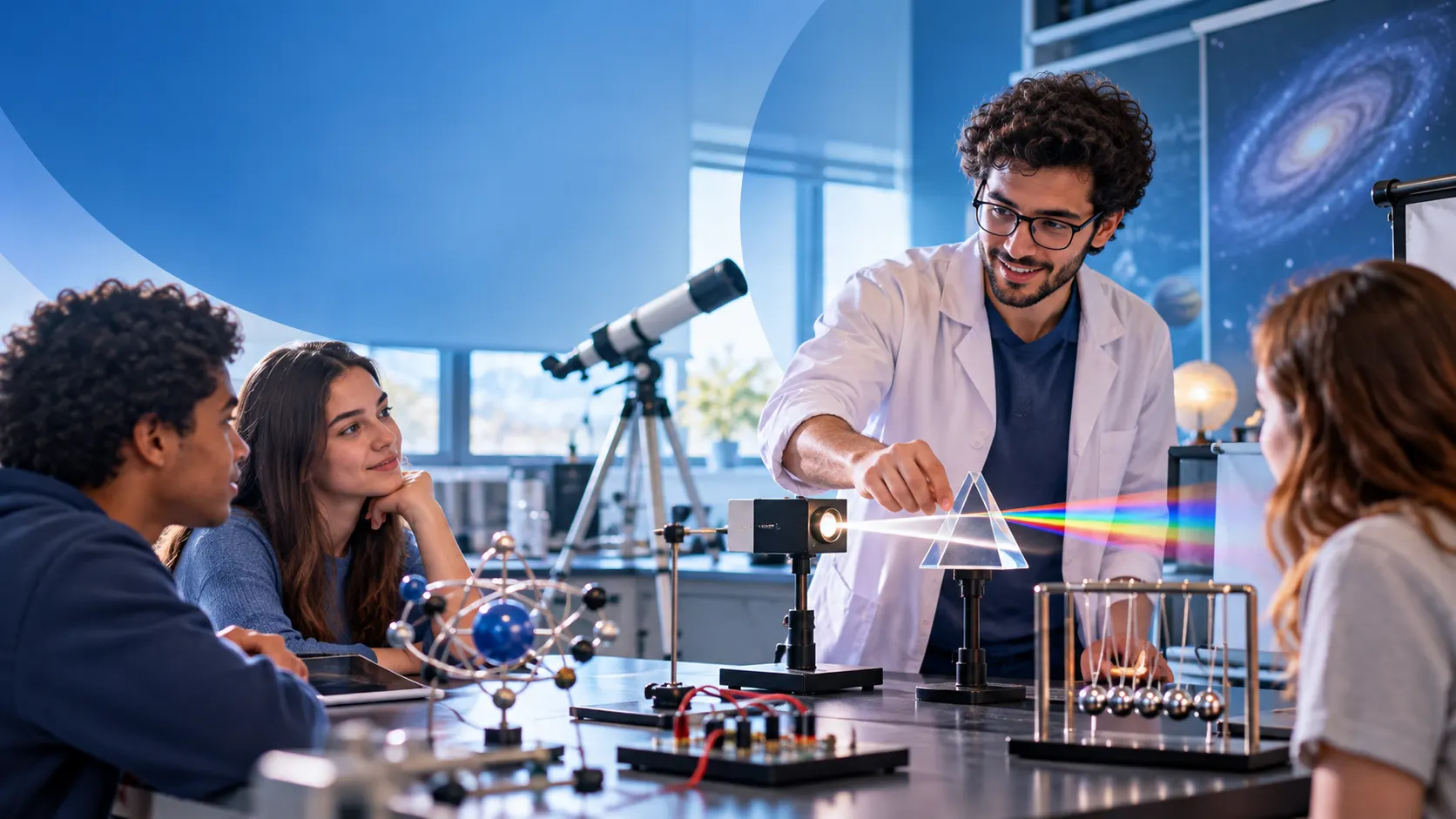 Professor em laboratório de ciências ensina estudantes durante experimento com prismas, espectro de luz e modelos atômicos em mesa didática com equipamentos ópticos
