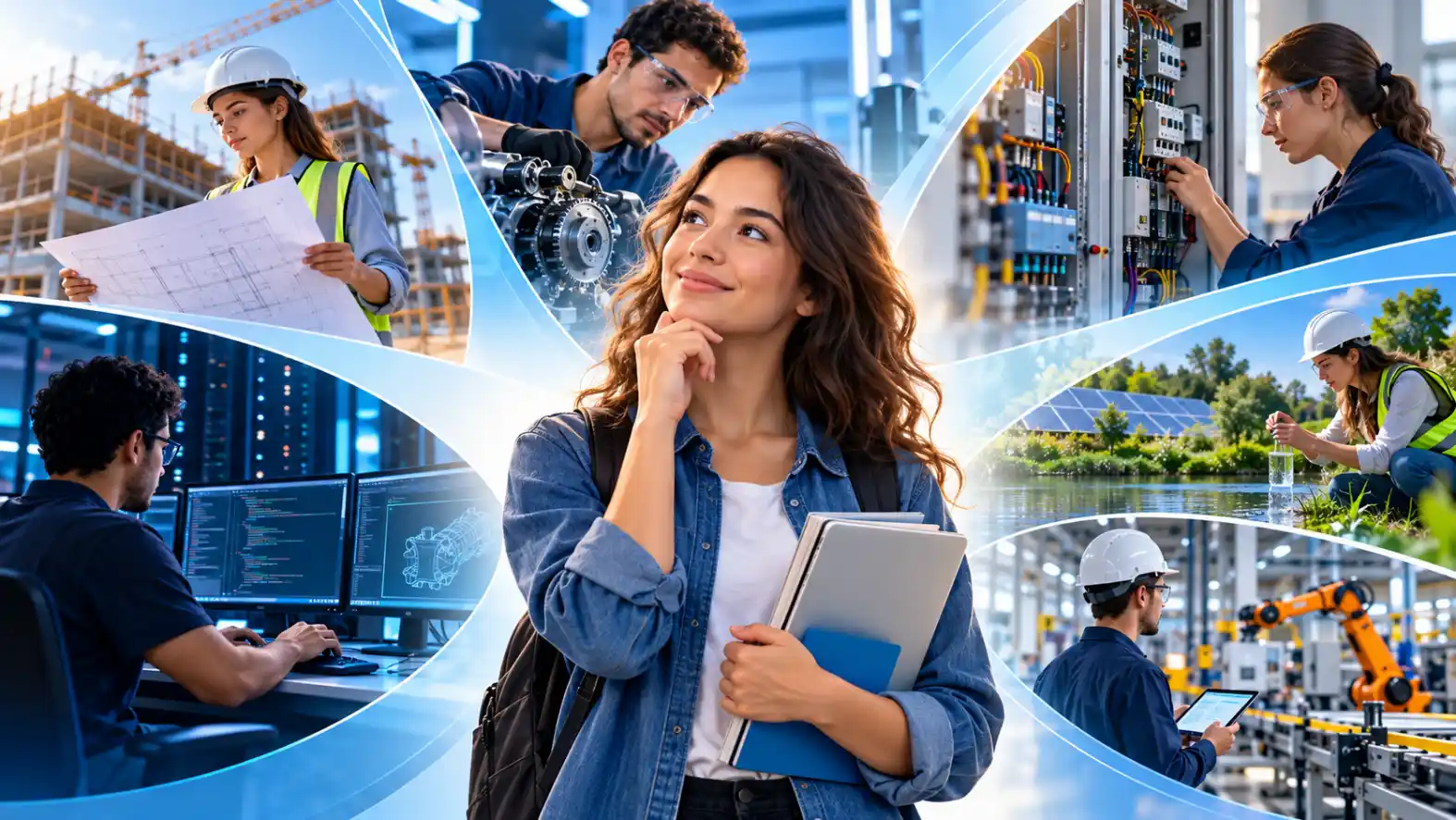 Imagem em colagem com profissionais em diferentes áreas de trabalho: engenheira em obra com plantas, equipe analisando equipamentos e um laboratório industrial, engenheiros operando painéis e um cenário de captação de água ao ar livre, destacando Tipos de engenharia.
