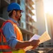 Um engenheiro civil usando capacete azul e colete laranja, analisando plantas em um canteiro de obras ao pôr do sol.