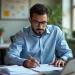 Homem de óculos trabalhando em um escritório, escrevendo em papéis enquanto usa um laptop, ideal para temas de produtividade e trabalho.