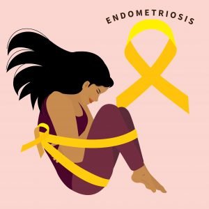 Woman,In,Pain,From,Endometriosis,Next,To,Yellow,Ribbon