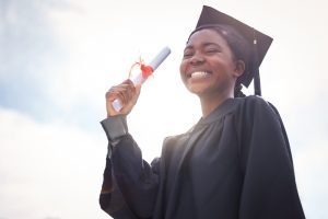 Black,Woman,,Student,And,Graduation,Or,Diploma,On,Sky,Background,