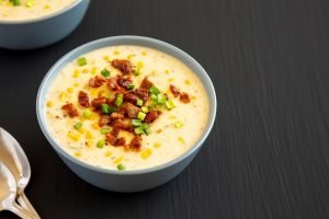 Homemade,Corn,Chowder,With,Bacon,In,A,Bowl,On,A
